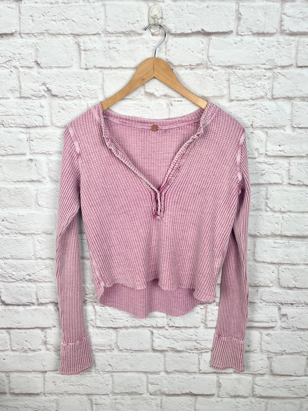 Free People Colt Long Sleeve Waffle Knit Henley in Bubble Tea Pink Size XS
